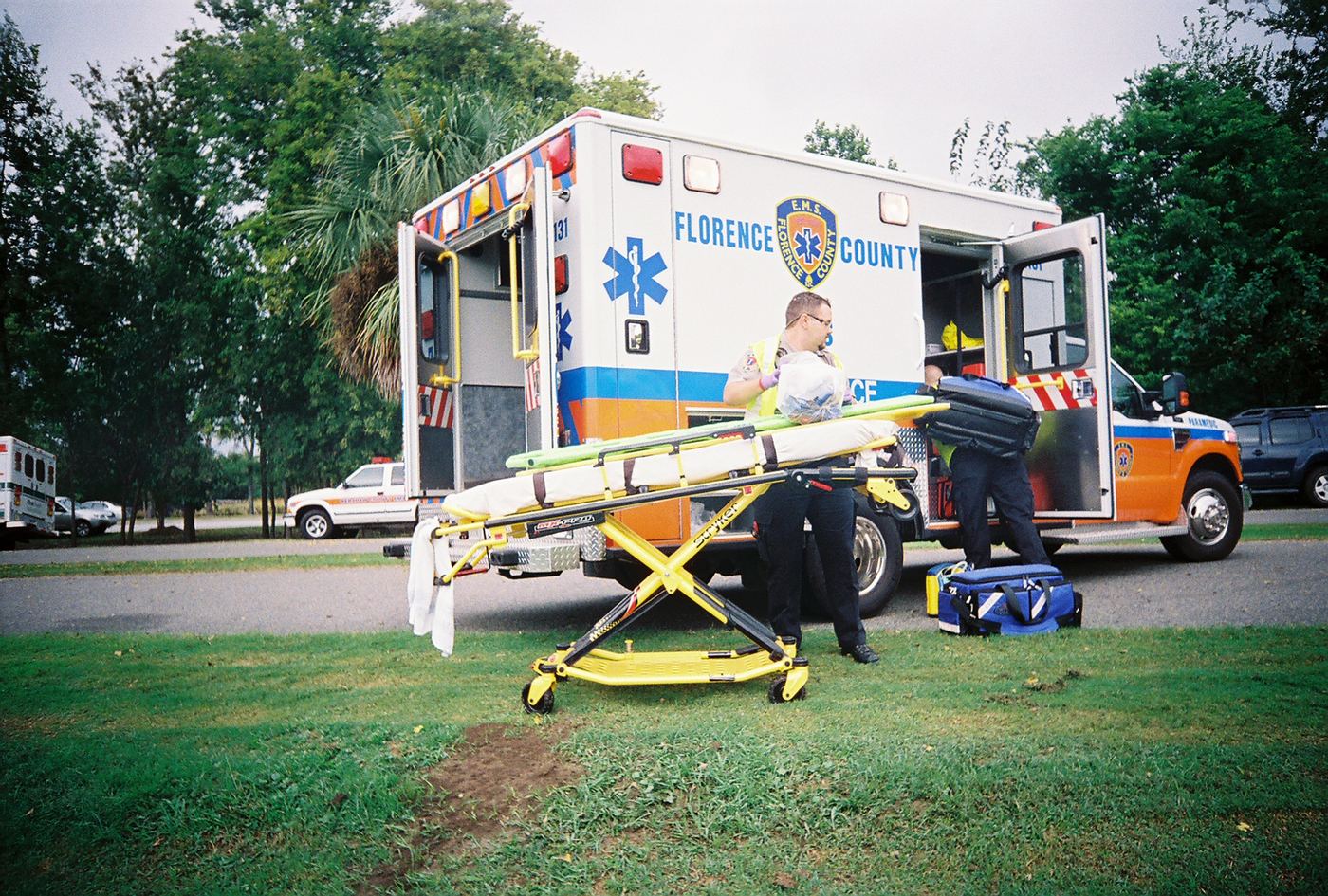 Medics loading equipment at the back of a Florence County ambulance in Charleston, 2008